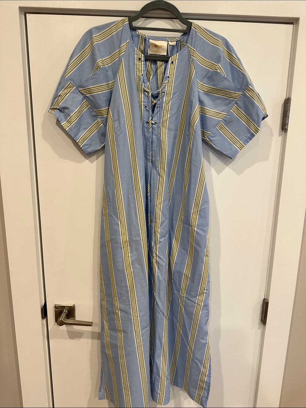 Anthropologie Blue and olive/ khaki Striped Maxi Dress